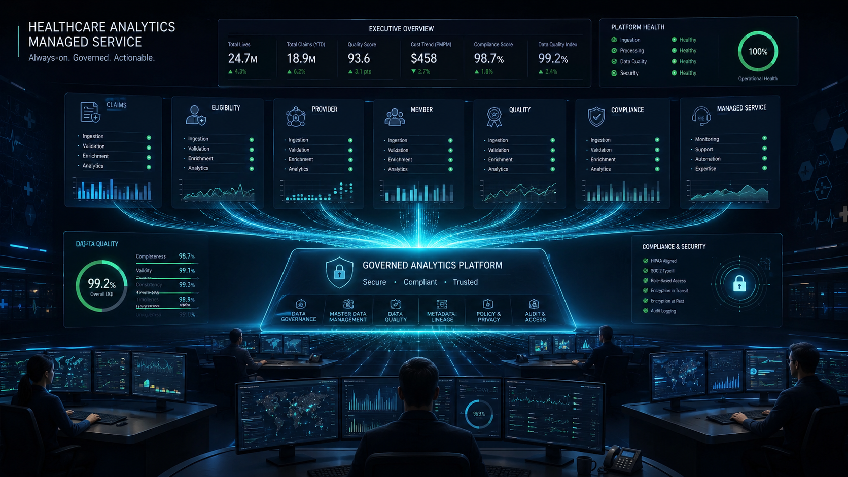 Healthcare analytics data network spanning regional operations, finance, clinical-adjacent, and governance signals