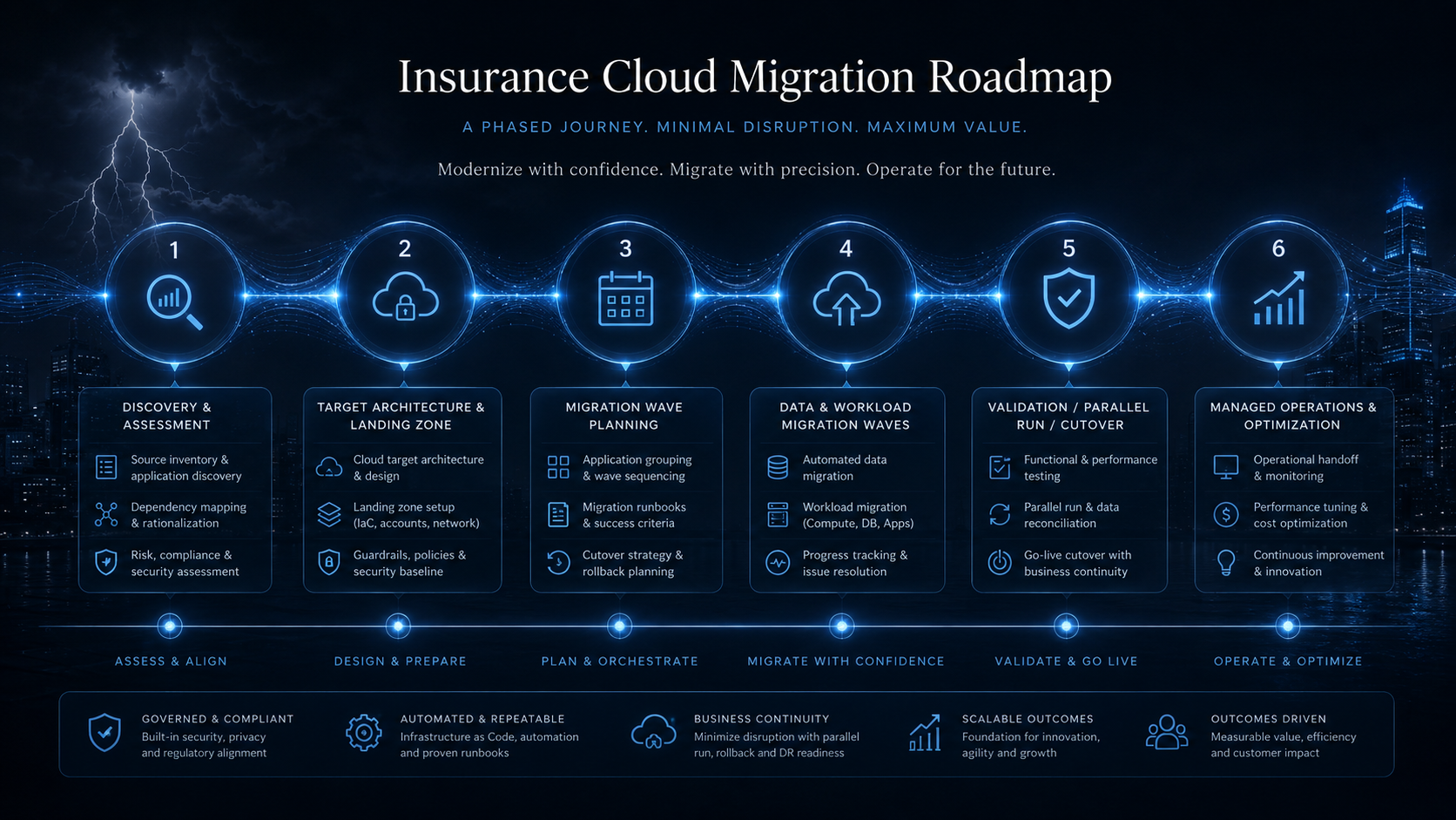 Insurance migration roadmap from assessment through migration, validation, optimization, and modernization