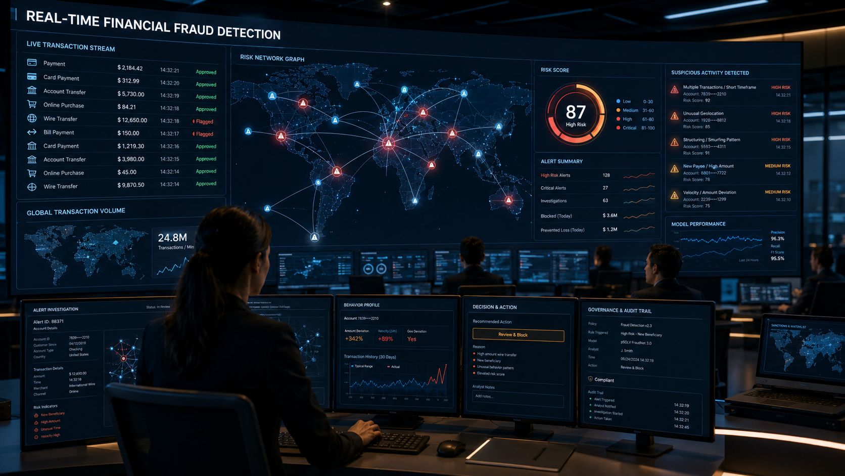Fraud operations command center with transaction streams, risk signals, and analyst workflow
