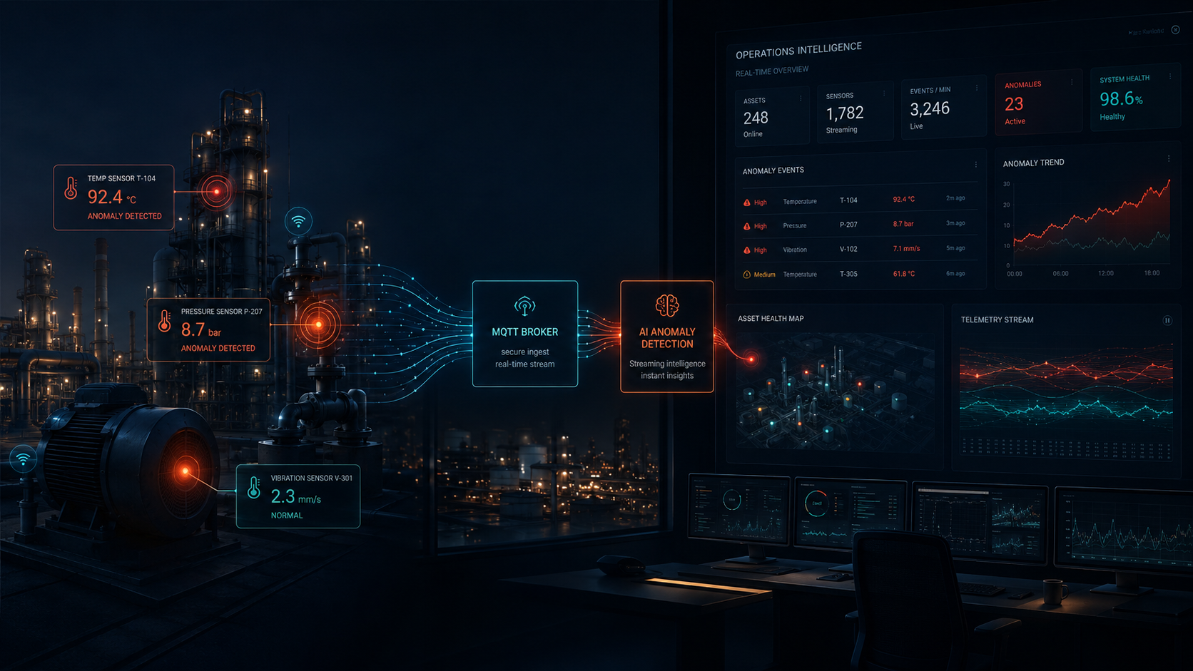 Industrial IoT telemetry environment with streaming sensor signals and anomaly indicators